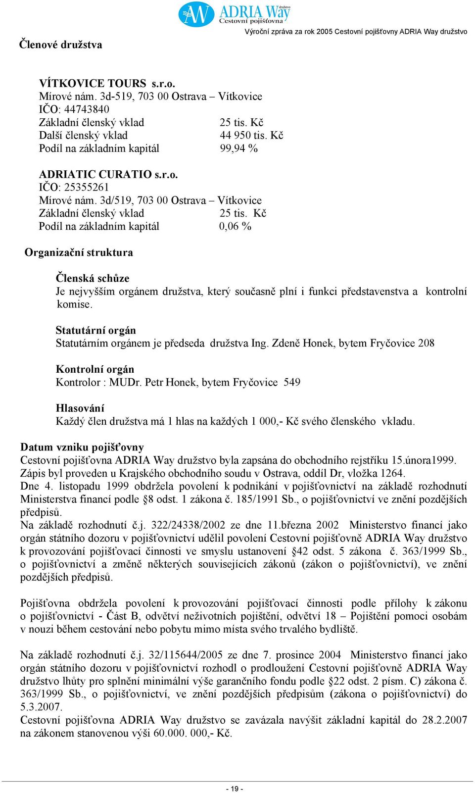 Kč Podíl na základním kapitál 0,06 % Organizační struktura Členská schůze Je nejvyšším orgánem družstva, který současně plní i funkci představenstva a kontrolní komise.