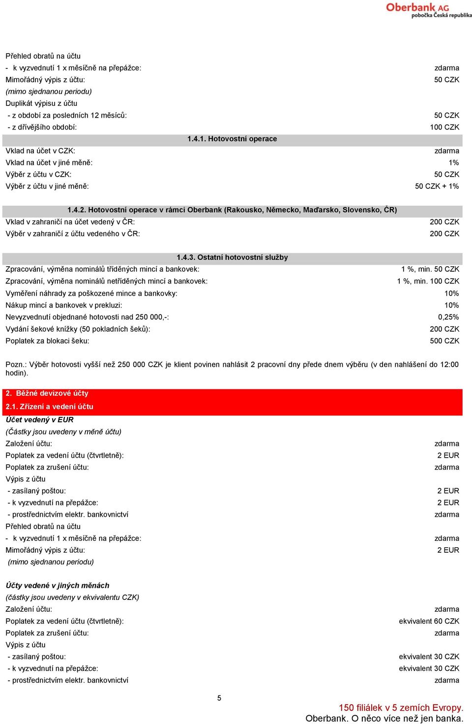 Hotovostní operace v rámci Oberbank (Rakousko, Německo, Maďarsko, Slovensko, ČR) Vklad v zahraničí na účet vedený v ČR: Výběr v zahraničí z účtu vedeného v ČR: 1.4.3.