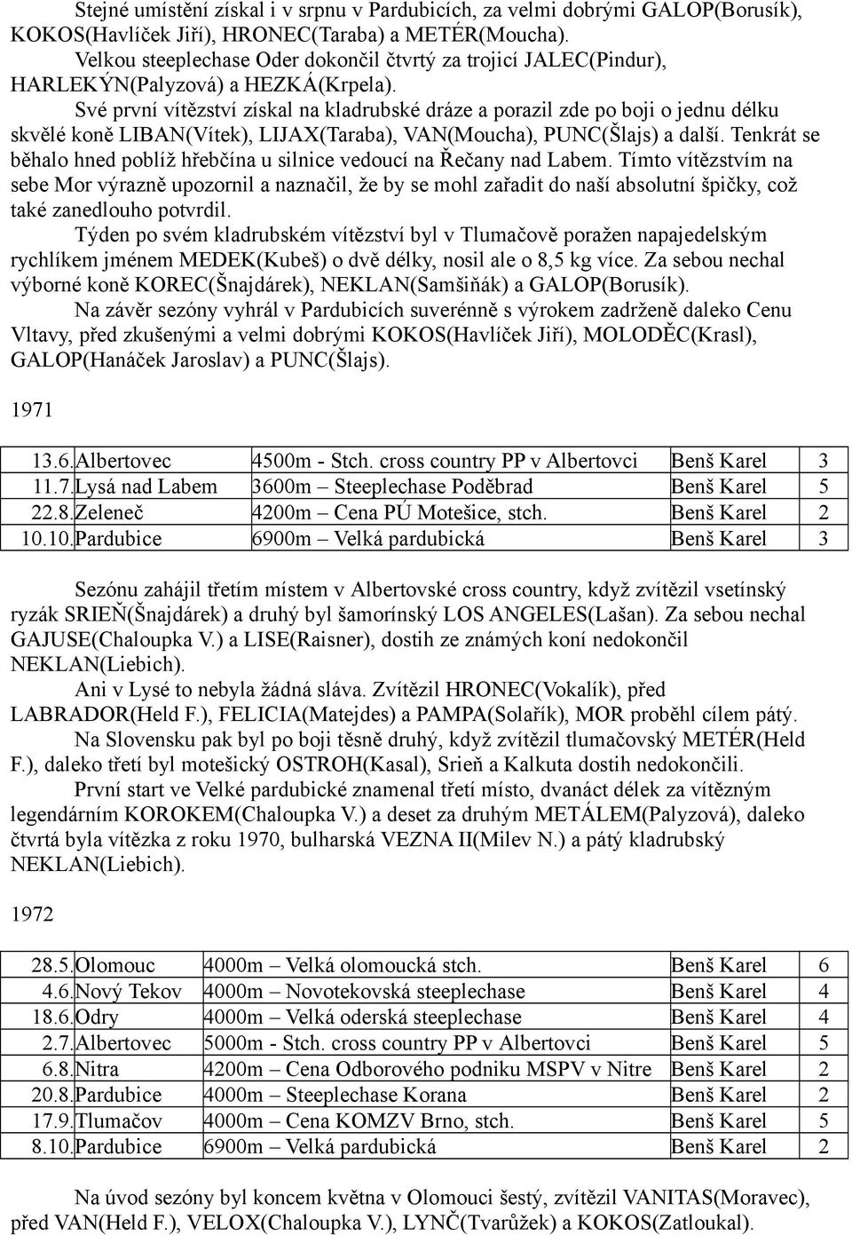 Své první vítězství získal na kladrubské dráze a porazil zde po boji o jednu délku skvělé koně LIBAN(Vítek), LIJAX(Taraba), VAN(Moucha), PUNC(Šlajs) a další.