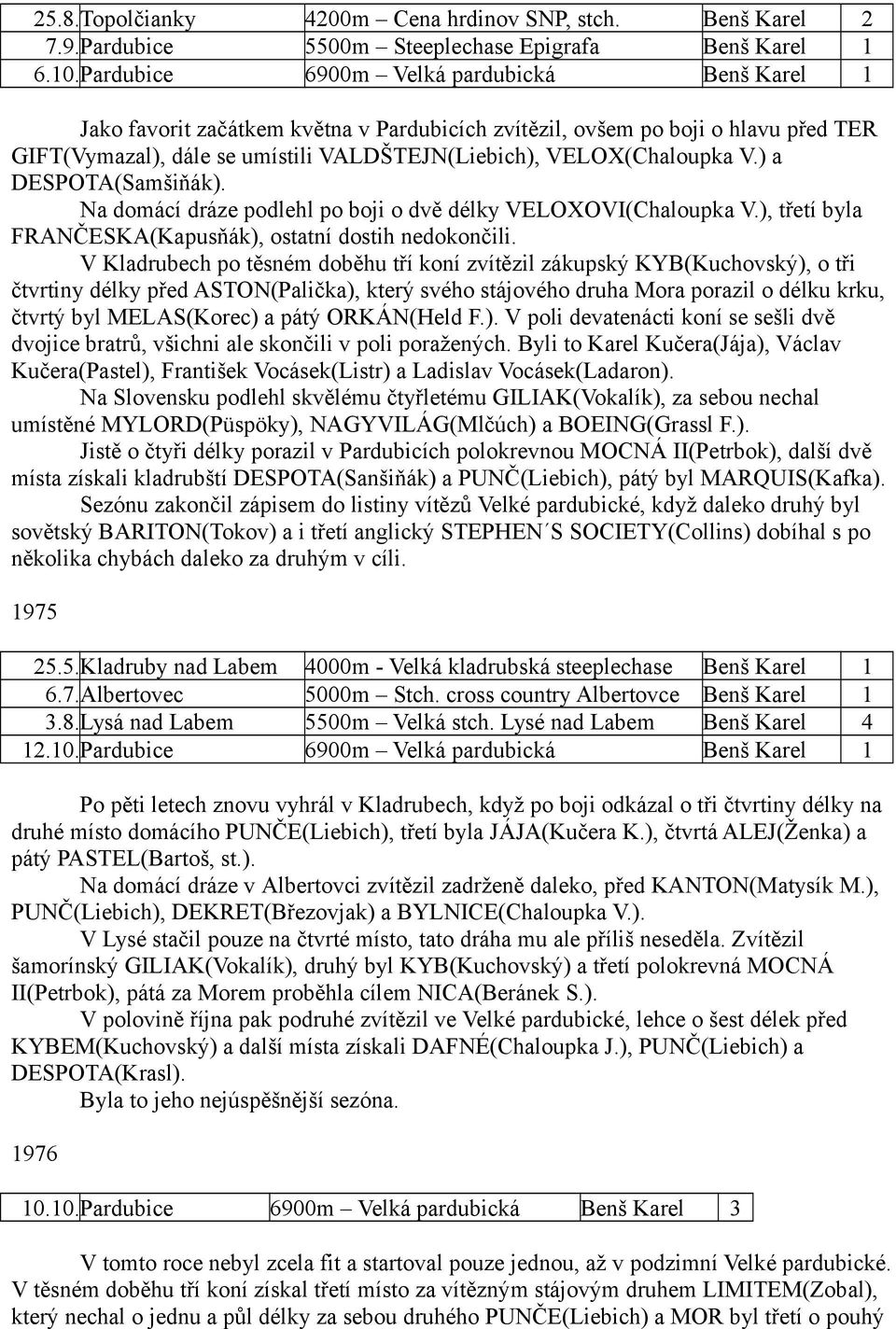 ) a DESPOTA(Samšiňák). Na domácí dráze podlehl po boji o dvě délky VELOXOVI(Chaloupka V.), třetí byla FRANČESKA(Kapusňák), ostatní dostih nedokončili.