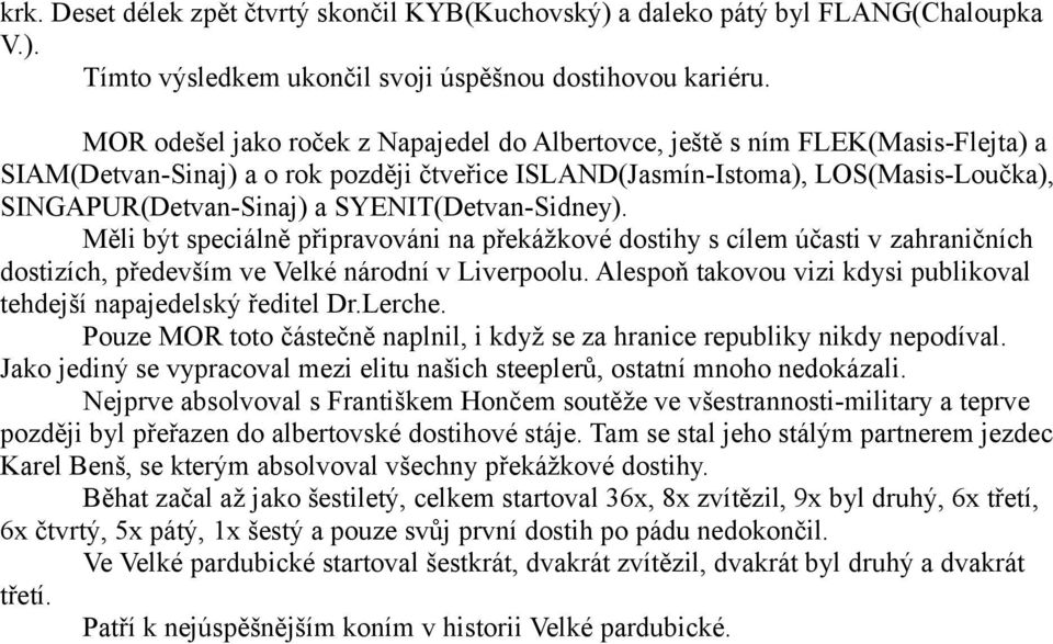 SYENIT(Detvan-Sidney). Měli být speciálně připravováni na překážkové dostihy s cílem účasti v zahraničních dostizích, především ve Velké národní v Liverpoolu.