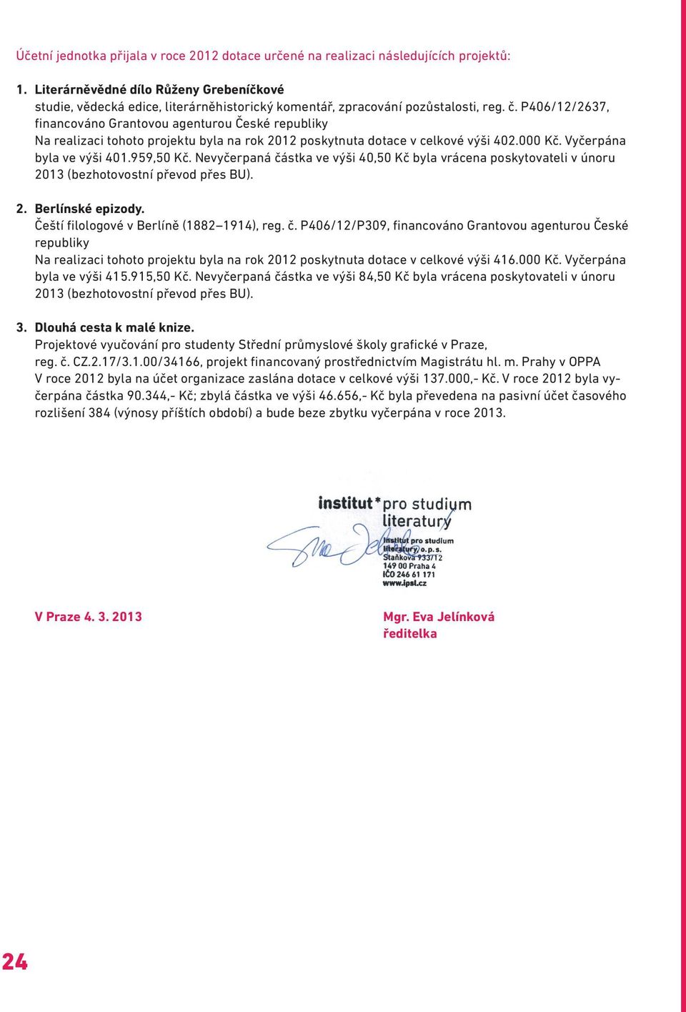 P406/12/2637, financováno Grantovou agenturou České republiky Na realizaci tohoto projektu byla na rok 2012 poskytnuta dotace v celkové výši 402.000 Kč. Vyčerpána byla ve výši 401.959,50 Kč.