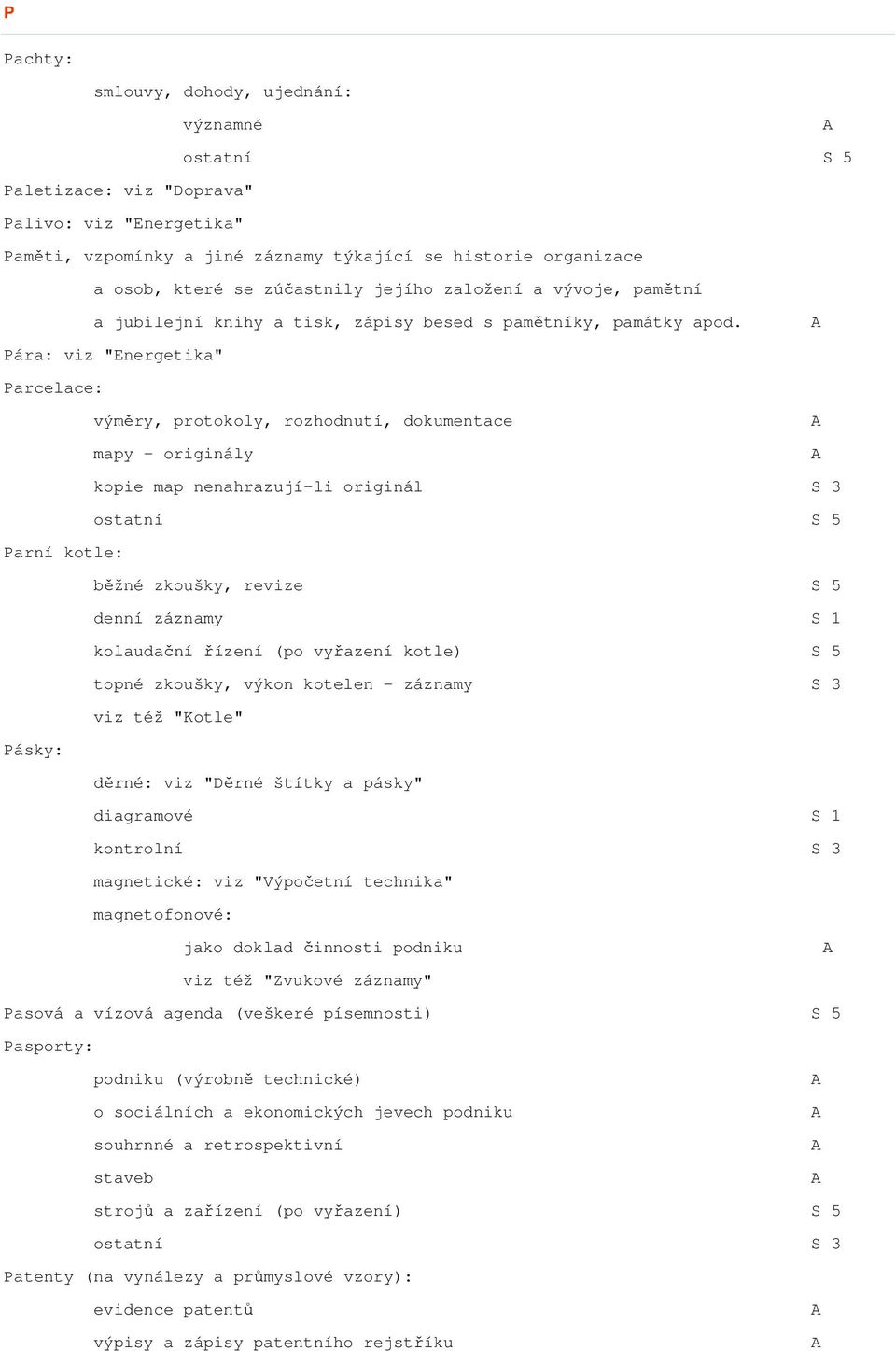 Pára: viz "Energetika" Parcelace: výměry, protokoly, rozhodnutí, dokumentace mapy - originály kopie map nenahrazují-li originál S 3 Parní kotle: běžné zkoušky, revize S 5 denní záznamy S 1 kolaudační