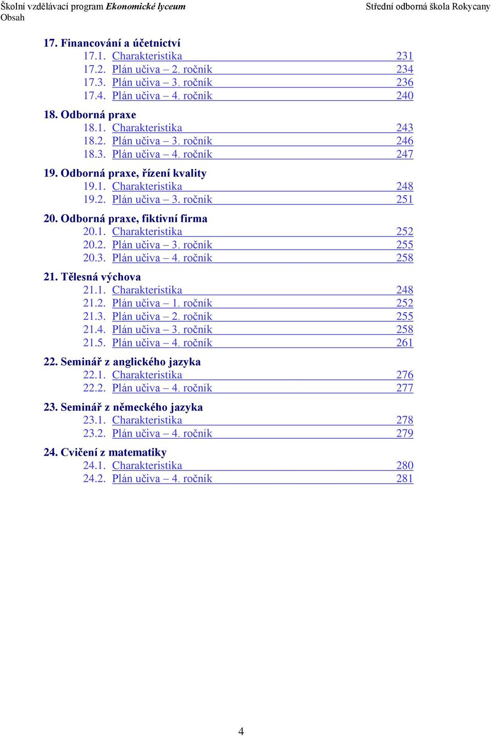 2. Plán učiva 3. ročník 255 20.3. Plán učiva 4. ročník 258 21. Tělesná výchova 21.1. Charakteristika 248 21.2. Plán učiva 1. ročník 252 21.3. Plán učiva 2. ročník 255 21.4. Plán učiva 3. ročník 258 21.5. Plán učiva 4. ročník 261 22.