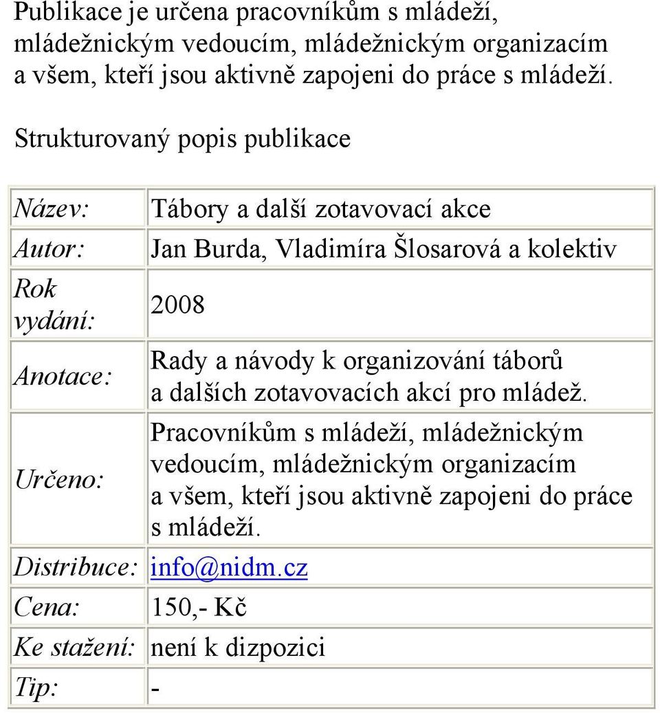 Strukturovaný popis publikace Název: Autor: Rok vydání: Anotace: Tábory a další zotavovací akce Jan Burda, Vladimíra Šlosarová a kolektiv 2008