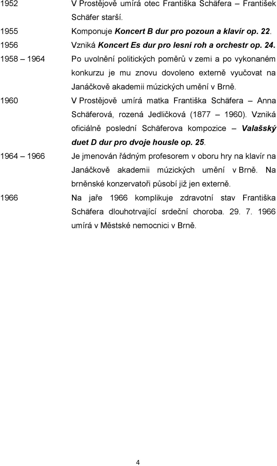 1960 V Prostějově umírá matka Františka Schäfera Anna Schäferová, rozená Jedličková (1877 1960). Vzniká oficiálně poslední Schäferova kompozice Valašský duet D dur pro dvoje housle op. 25.