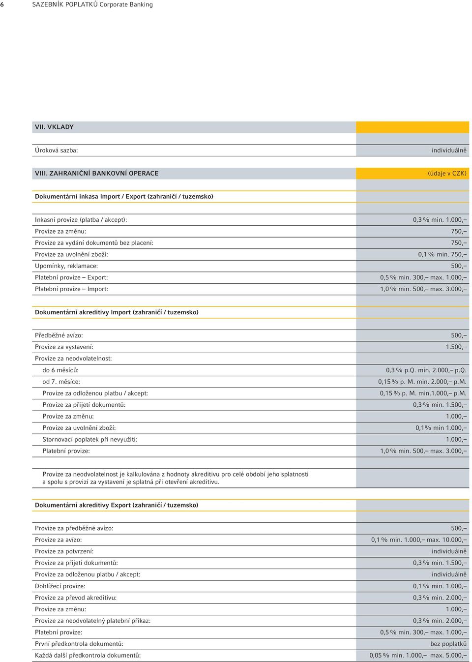 000, Provize za změnu: 750, Provize za vydání dokumentů bez placení: 750, Provize za uvolnění zboží: 0,1 % min. 750, Upomínky, reklamace: 500, Platební provize Export: 0,5 % min. 300, max. 1.