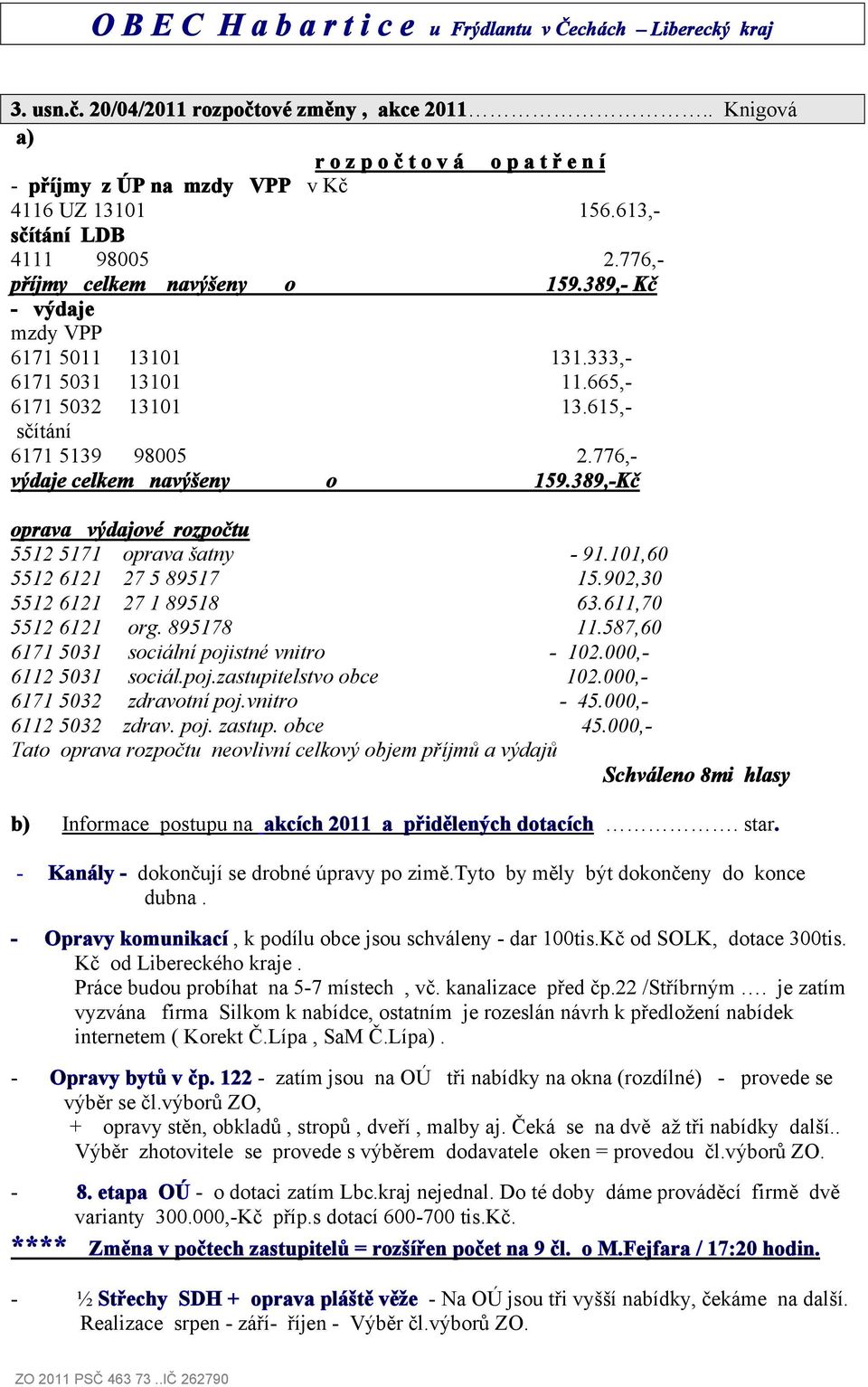 389,-Kč oprava výdajové rozpočtu 5512 5171 oprava šatny - 91.101,60 5512 6121 27 5 89517 15.902,30 5512 6121 27 1 89518 63.611,70 5512 6121 org. 895178 11.