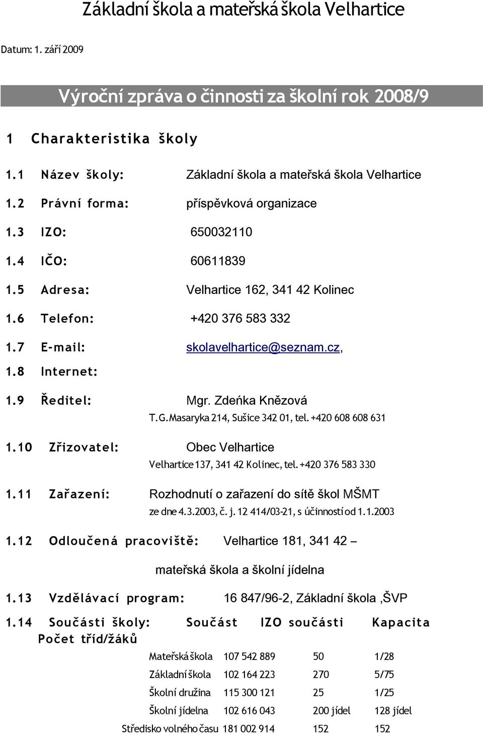 8 Internet: 1.9 Ředitel: Mgr. Zdeńka Knězová T.G.Masaryka 214, Sušice 342 01, tel. +420 608 608 631 1.10 Zřizovatel: Obec Velhartice Velhartice 137, 341 42 Kolinec, tel. +420 376 583 330 1.