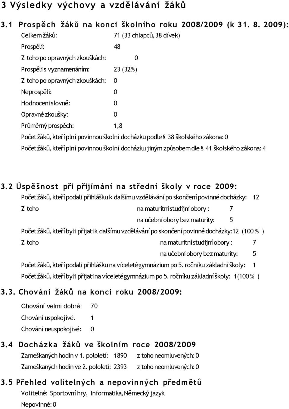 Opravné zkoušky: 0 Průměrný prospěch: 1,8 Počet žáků, kteří plní povinnou školní docházku podle 38 školského zákona: 0 Počet žáků, kteří plní povinnou školní docházku jiným způsobem dle 41 školského