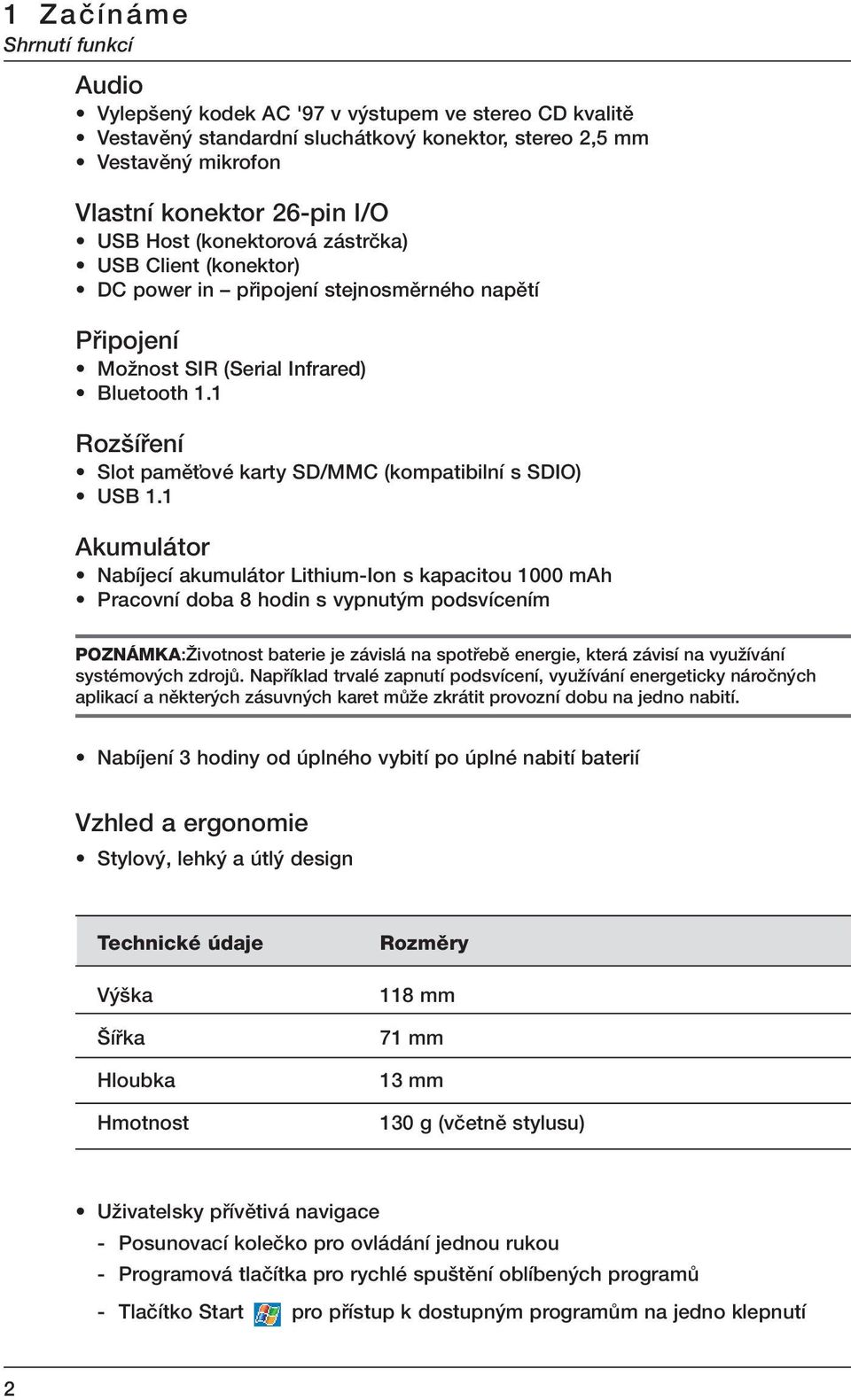 1 Roz ífiení Slot pamûèové karty SD/MMC (kompatibilní s SDIO) USB 1.