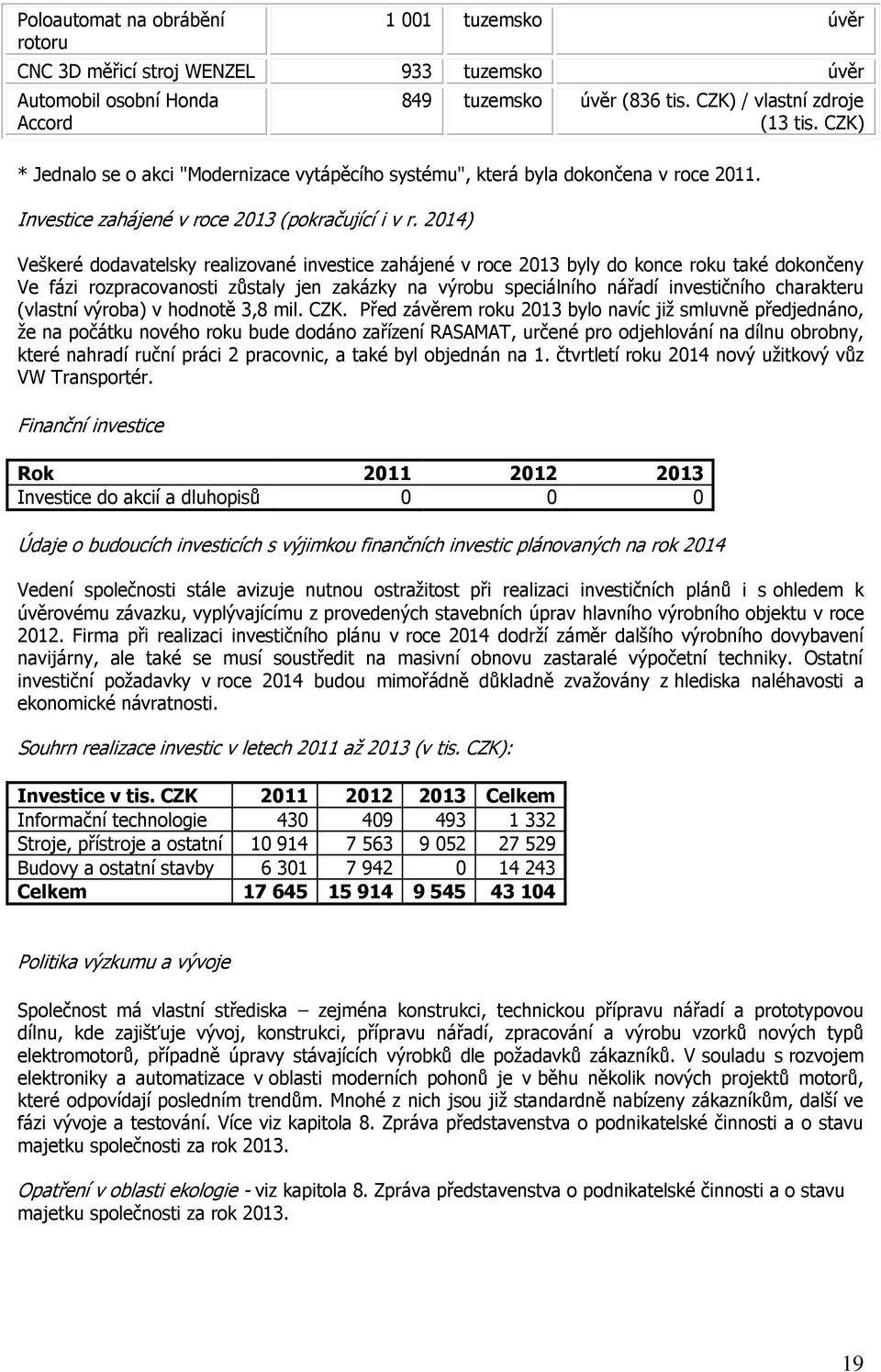 2014) Veškeré dodavatelsky realizované investice zahájené v roce 2013 byly do konce roku také dokončeny Ve fázi rozpracovanosti zůstaly jen zakázky na výrobu speciálního nářadí investičního