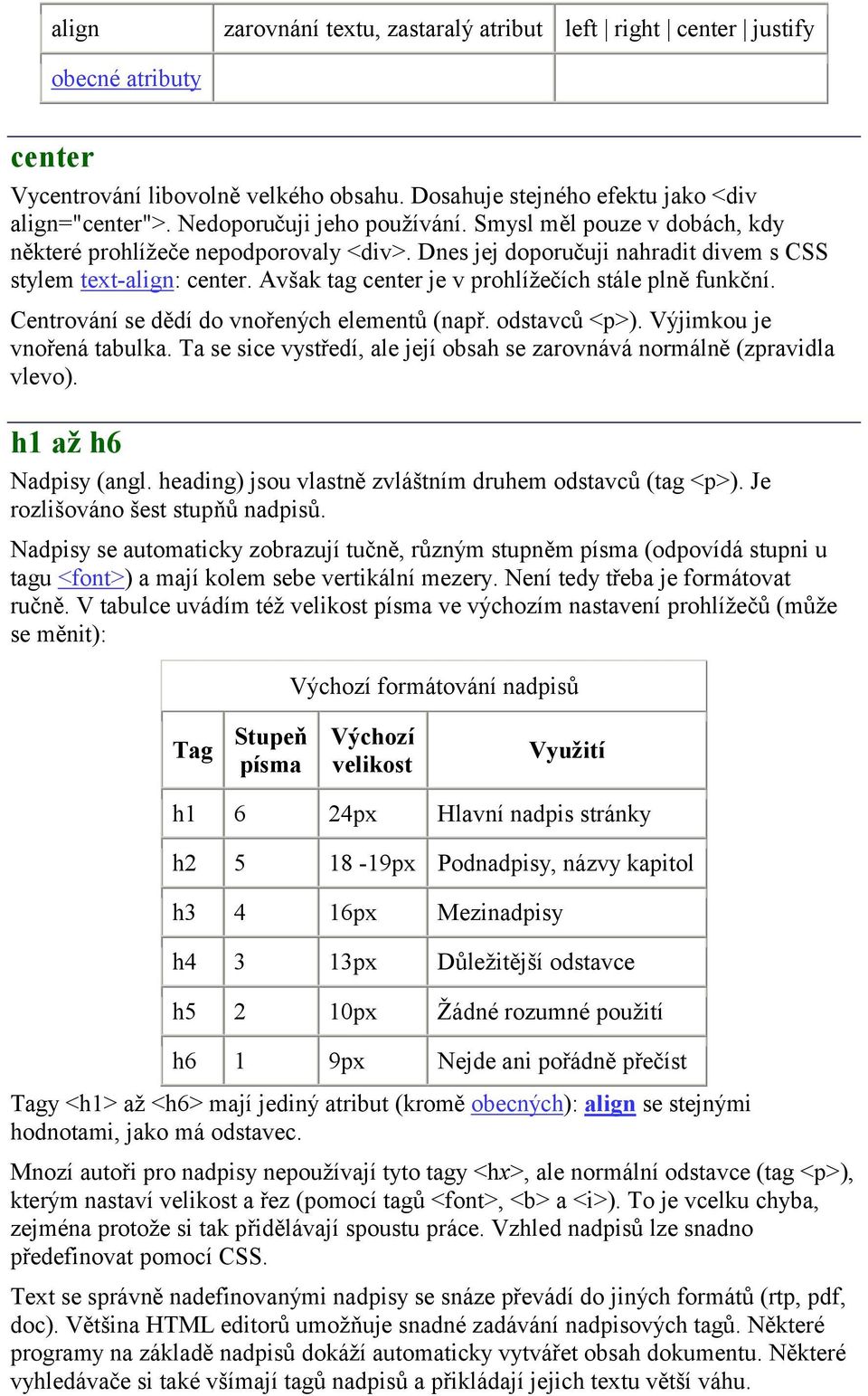 Avšak tag center je v prohlížečích stále plně funkční. Centrování se dědí do vnořených elementů (např. odstavců <p>). Výjimkou je vnořená tabulka.