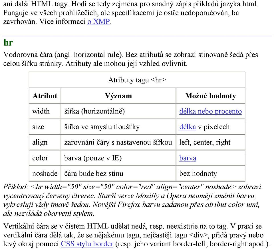 Atributy tagu <hr> Atribut Význam Možné hodnoty width šířka (horizontálně) délka nebo procento size šířka ve smyslu tloušťky délka v pixelech align zarovnání čáry s nastavenou šířkou left, center,