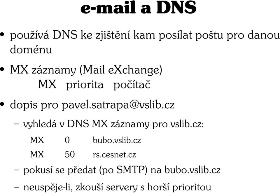 cz vyhledá v DNS MX záznamy pro vslib.cz: MX 0 bubo.vslib.cz MX 50 rs.cesnet.