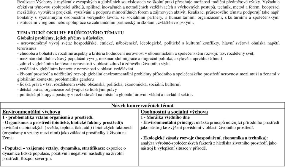 podporu mimotřídních forem a zájmových aktivit. Realizaci průřezového tématu podporují také např.