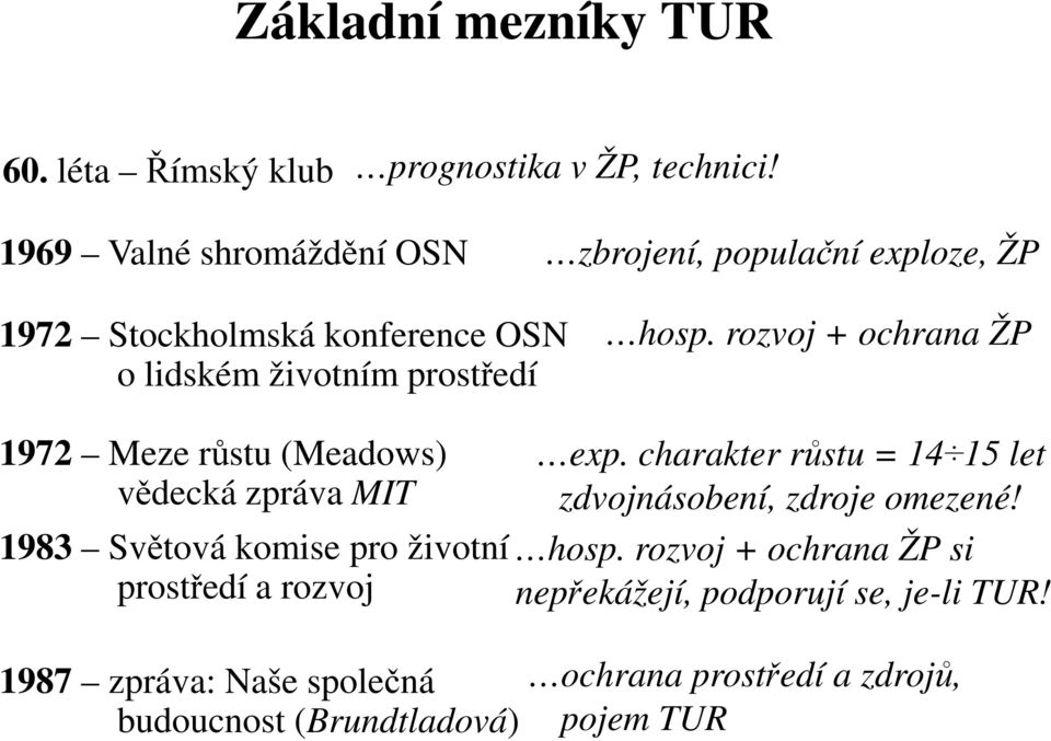 rozvoj + ochrana ŽP 1972 Meze růstu (Meadows) vědecká zpráva MIT 1983 Světová komise pro životní prostředí a rozvoj 1987 zpráva: Naše