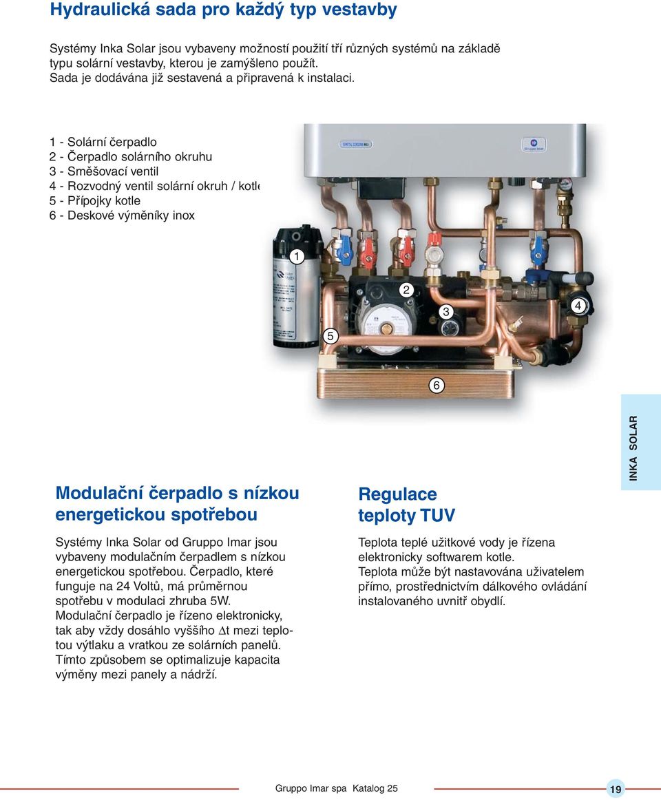 - Solární čerpadlo - Čerpadlo solárního okruhu - Směšovací ventil - Rozvodný ventil solární okruh / kotle - Přípojky kotle 6 - Deskové výměníky inox 6 Modulační čerpadlo s nízkou energetickou