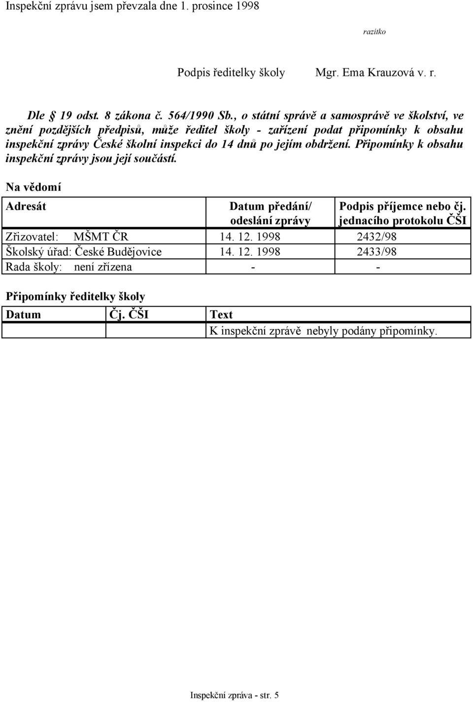 jejím obdržení. Připomínky k obsahu inspekční zprávy jsou její součástí. Na vědomí Adresát Datum předání/ odeslání zprávy Podpis příjemce nebo čj.