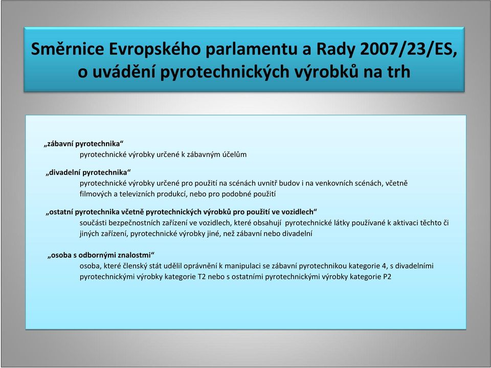 použití ve vozidlech součásti bezpečnostních zařízení ve vozidlech, které obsahují pyrotechnické látky používané k aktivaci těchto či jiných zařízení, pyrotechnické výrobky jiné, než zábavní nebo