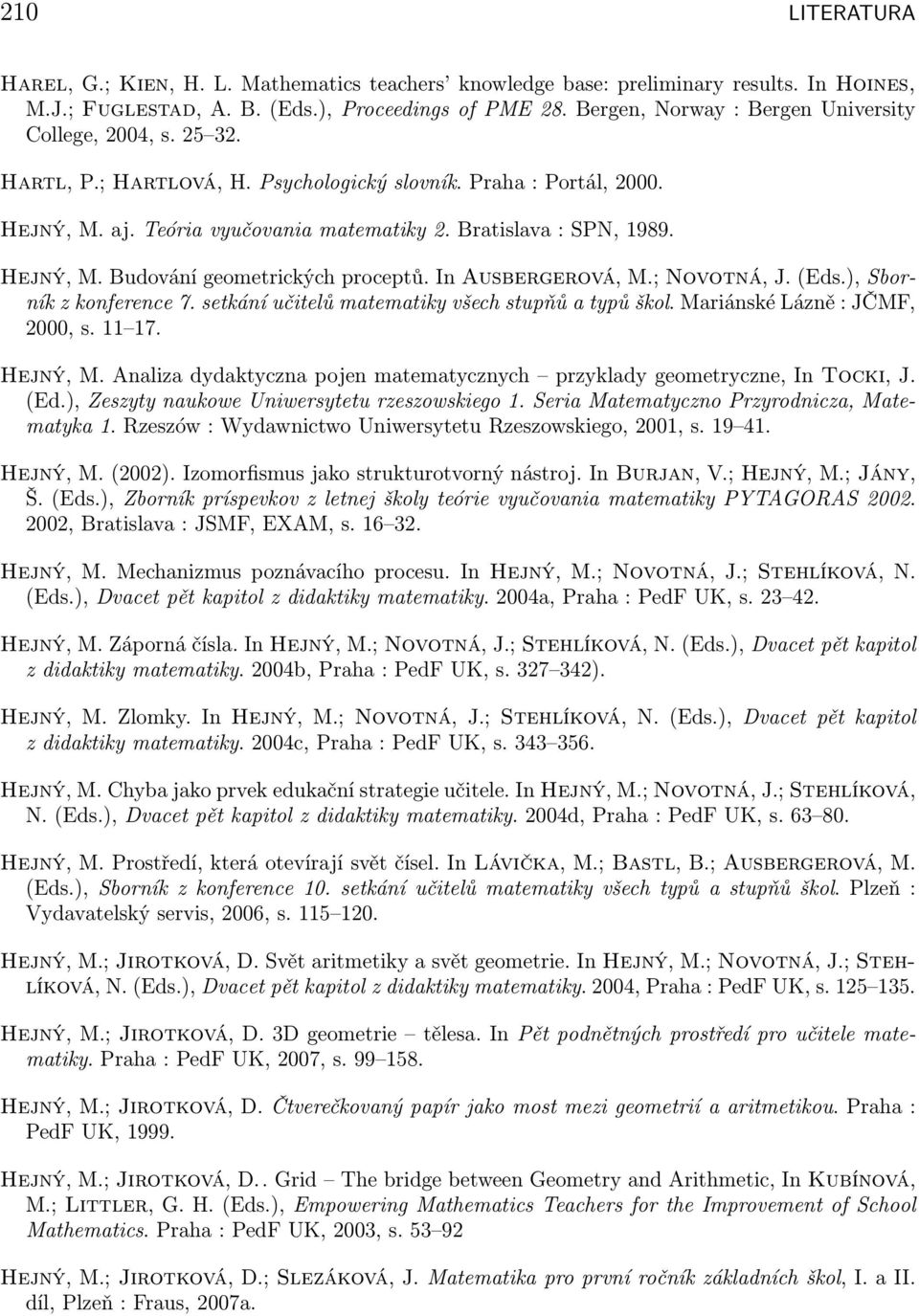 Hejný, M. Budování geometrických proceptů. In Ausbergerová, M.; Novotná, J. (Eds.), Sborník z konference 7. setkání učitelů matematiky všech stupňů a typů škol. Mariánské Lázně : JČMF, 2000, s. 11 17.