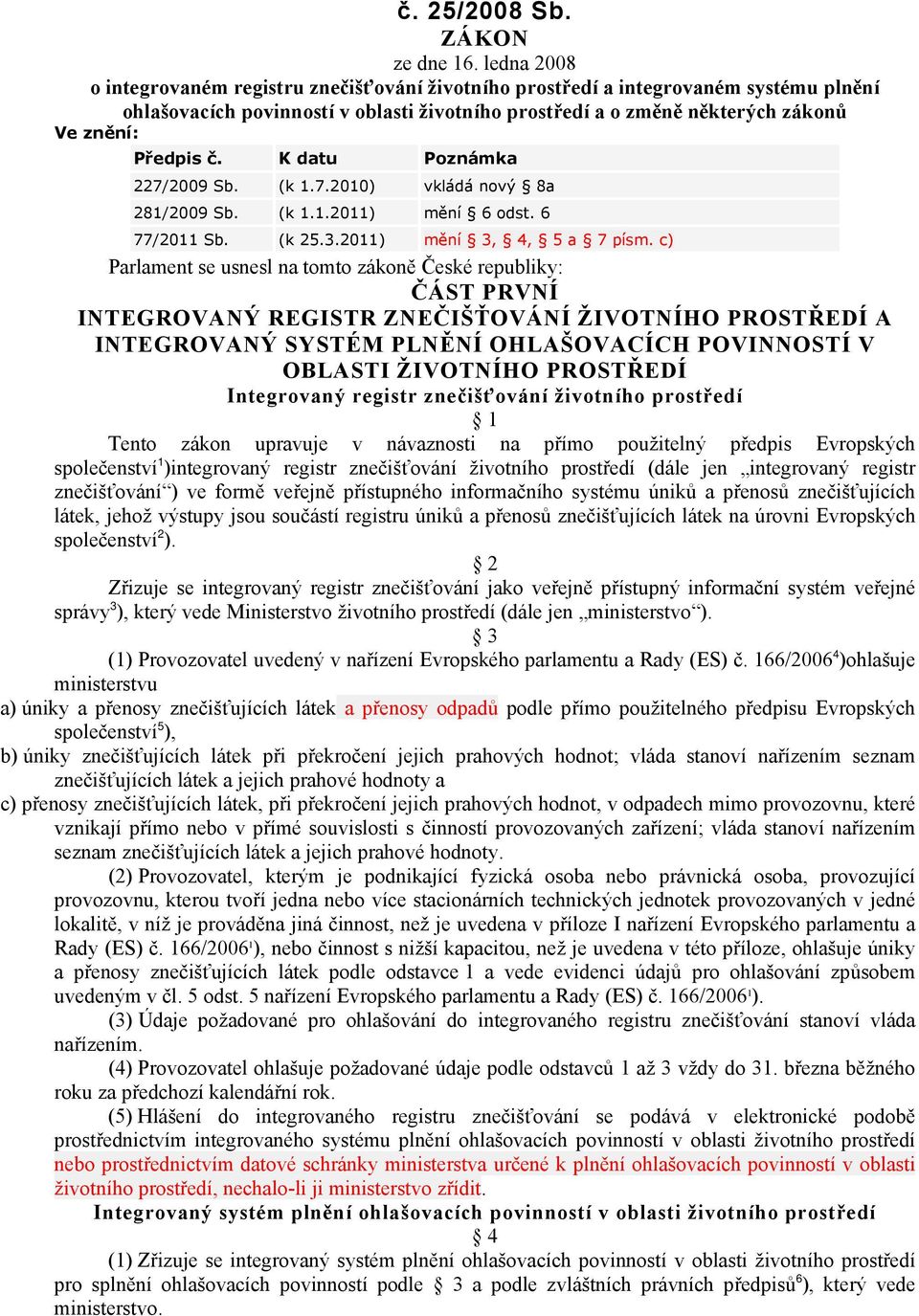 K datu Poznámka 227/2009 Sb. (k 1.7.2010) vkládá nový 8a 281/2009 Sb. (k 1.1.2011) mění 6 odst. 6 77/2011 Sb. (k 25.3.2011) mění 3, 4, 5 a 7 písm.