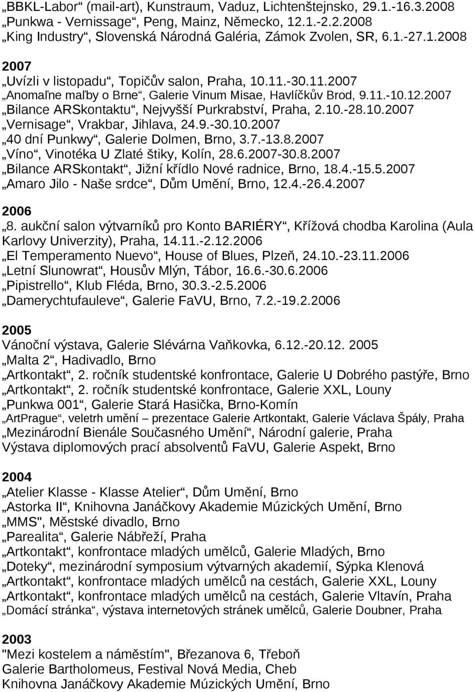 2007 Bilance ARSkontaktu, Nejvyšší Purkrabství, Praha, 2.10.-28.10.2007 Vernisage, Vrakbar, Jihlava, 24.9.-30.10.2007 40 dní Punkwy, Galerie Dolmen, Brno, 3.7.-13.8.2007 Víno, Vinotéka U Zlaté štiky, Kolín, 28.