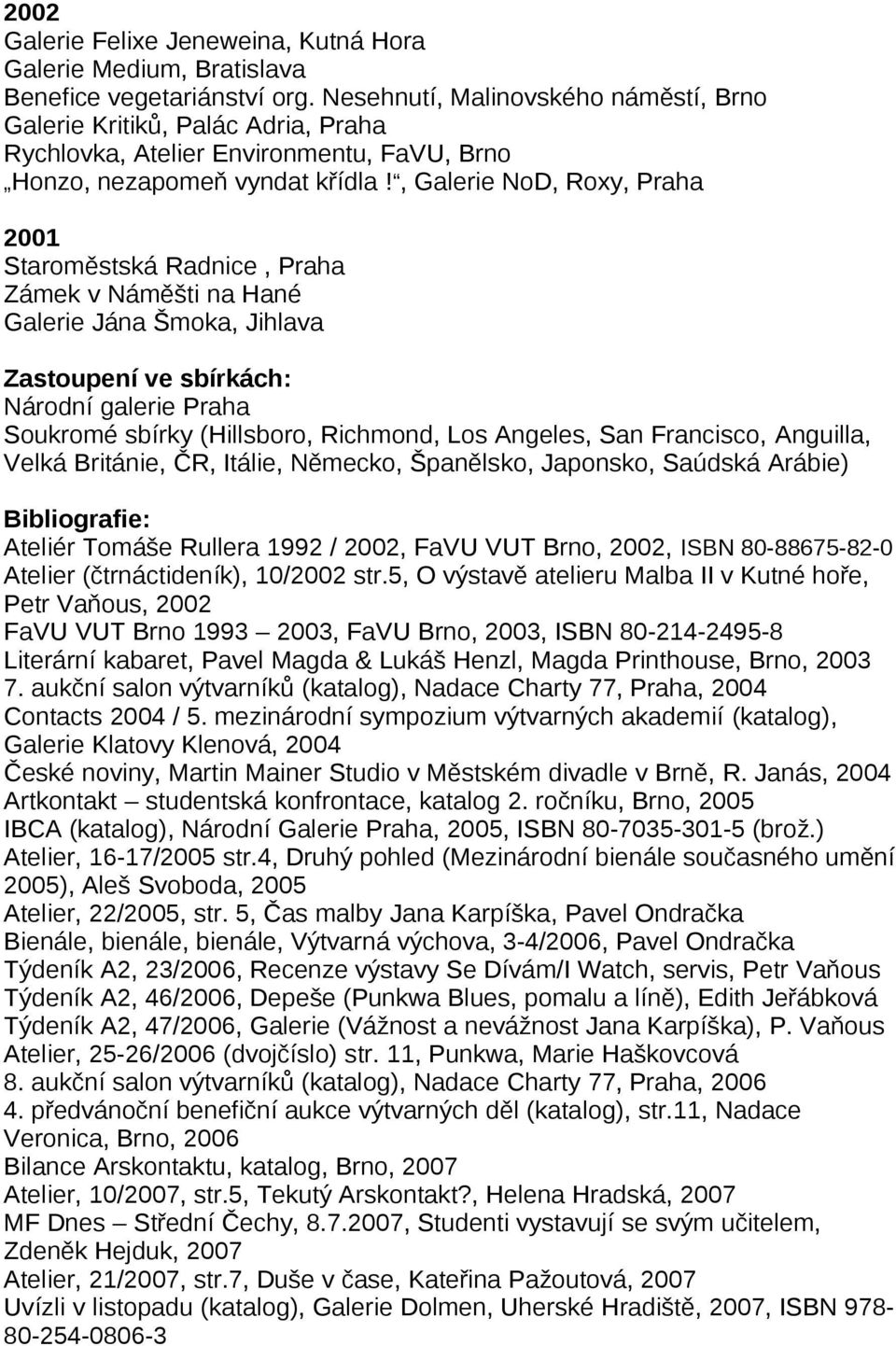 , Galerie NoD, Roxy, Praha 2001 Staroměstská Radnice, Praha Zámek v Náměšti na Hané Galerie Jána Šmoka, Jihlava Zastoupení ve sbírkách: Národní galerie Praha Soukromé sbírky (Hillsboro, Richmond, Los