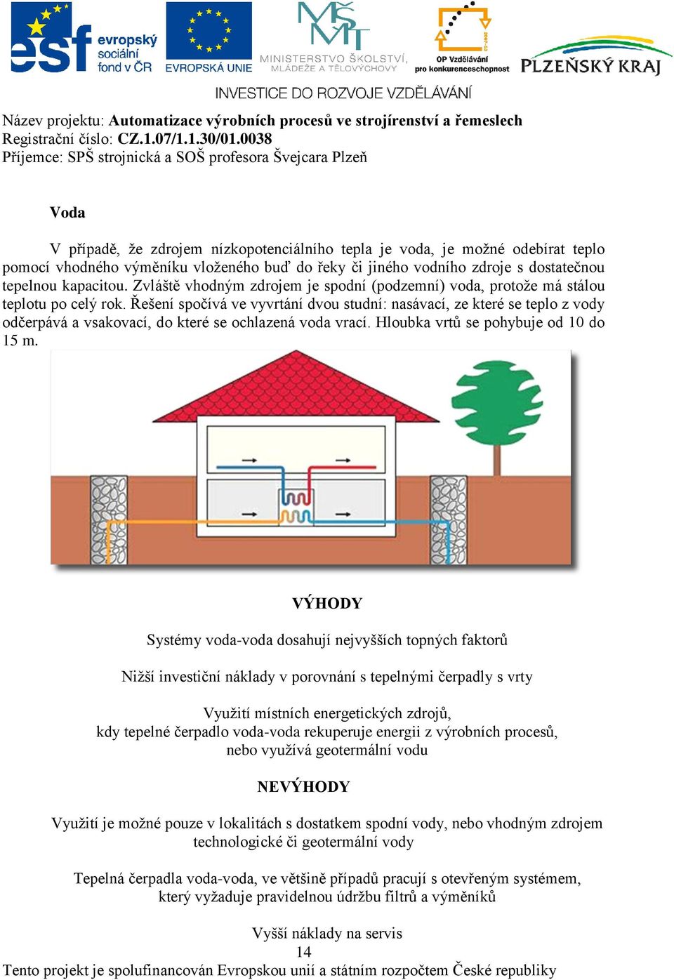 Řešení spočívá ve vyvrtání dvou studní: nasávací, ze které se teplo z vody odčerpává a vsakovací, do které se ochlazená voda vrací. Hloubka vrtů se pohybuje od 10 do 15 m.