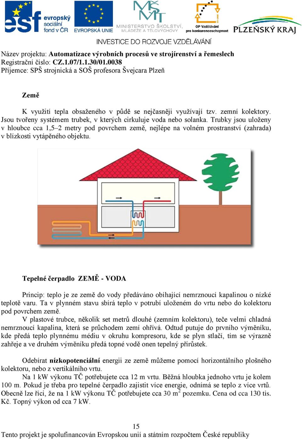 Tepelné čerpadlo ZEMĚ - VODA Princip: teplo je ze země do vody předáváno obíhající nemrznoucí kapalinou o nízké teplotě varu.