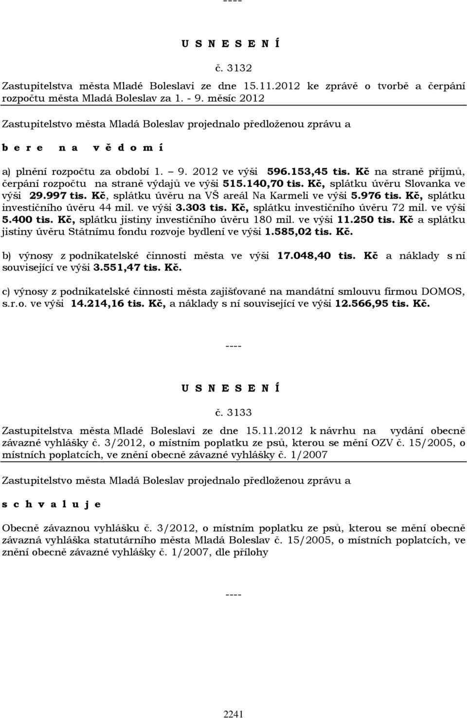 Kč, splátku úvěru na VŠ areál Na Karmeli ve výši 5.976 tis. Kč, splátku investičního úvěru 44 mil. ve výši 3.303 tis. Kč, splátku investičního úvěru 72 mil. ve výši 5.400 tis.