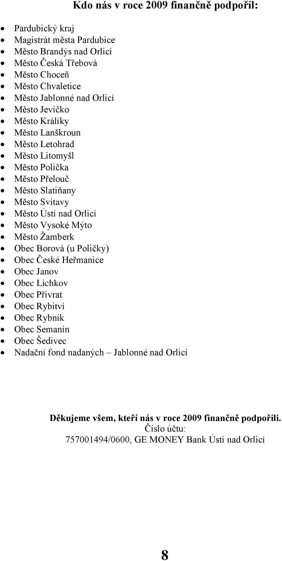 nad Orlicí Město Vysoké Mýto Město Ţamberk Obec Borová (u Poličky) Obec České Heřmanice Obec Janov Obec Lichkov Obec Přívrat Obec Rybitví Obec Rybník Obec Semanín