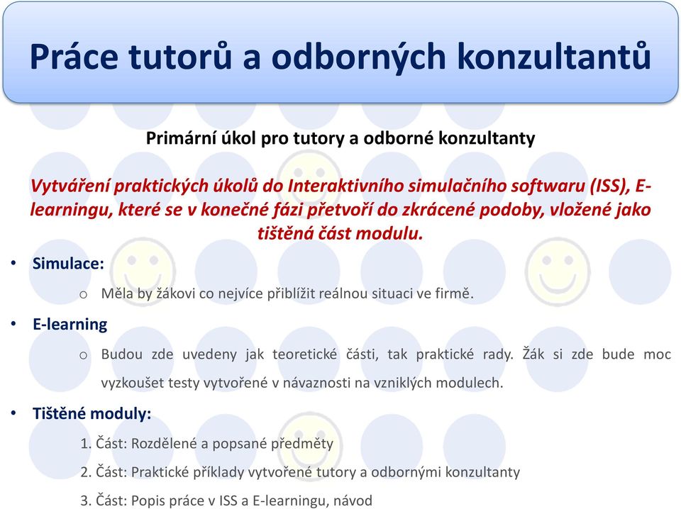 Simulace: E-learning Tištěné mduly: Měla by žákvi c nejvíce přiblížit reálnu situaci ve firmě. Budu zde uvedeny jak teretické části, tak praktické rady.