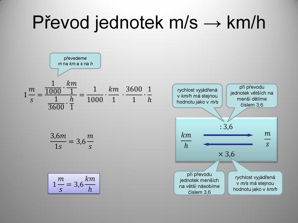 na menší dělíme číslem 3,6 3,6m 1s = 3,6 m s km h : 3,6 3,6 m s 1 m s = 3,6 km h při převodu