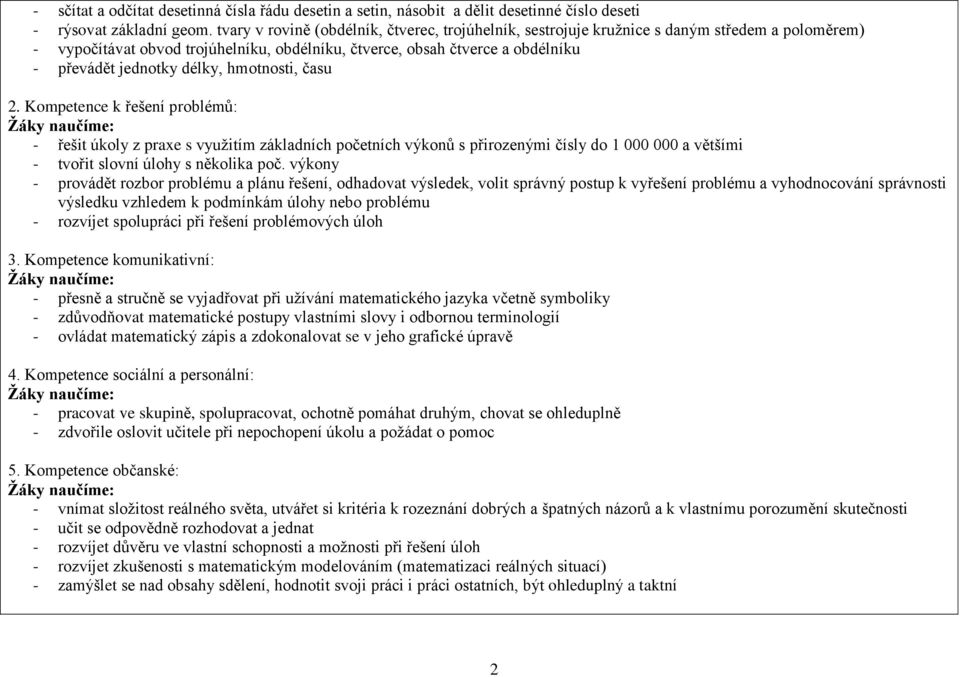 délky, hmotnosti, času 2. Kompetence k řešení problémů: - řešit úkoly z praxe s využitím základních početních výkonů s přirozenými čísly do 1 000 000 a většími - tvořit slovní úlohy s několika poč.