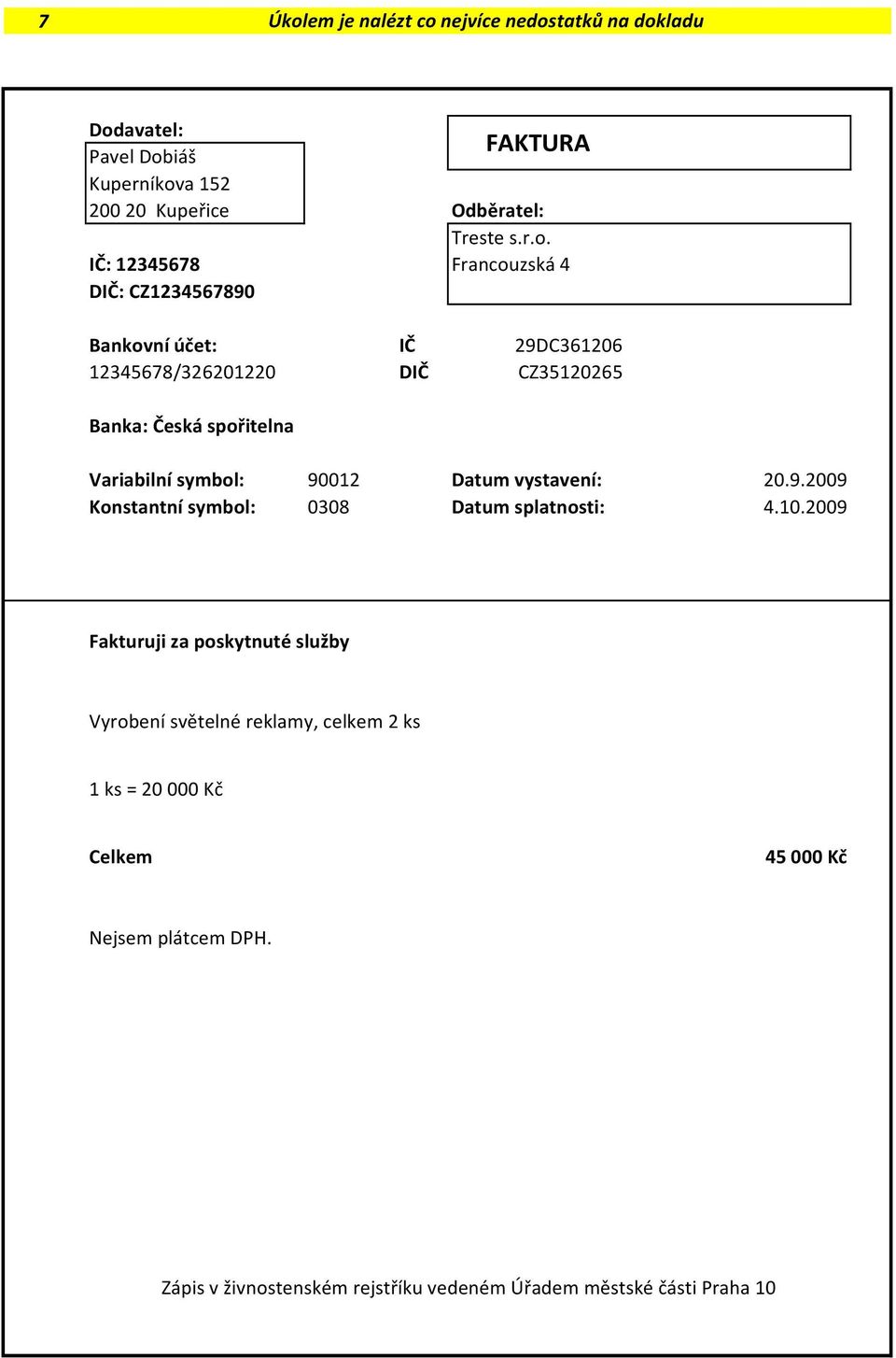 Francouzská 4 Bankovní účet: IČ 1234678/326201220 DIČ 29DC361206 CZ312026 Banka: Česká spořitelna Variabilní symbol: 90012 Datum vystavení: