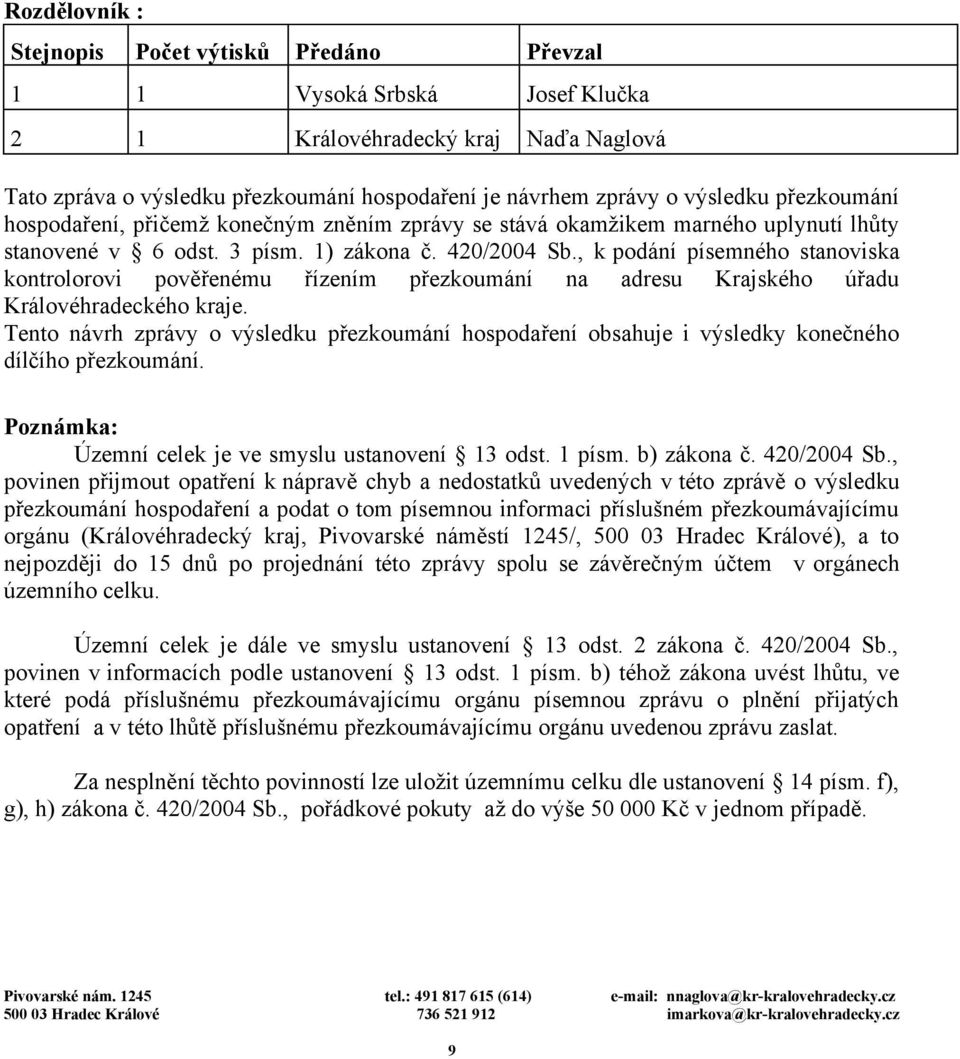 , k podání písemného stanoviska kontrolorovi pověřenému řízením přezkoumání na adresu Krajského úřadu Královéhradeckého kraje.