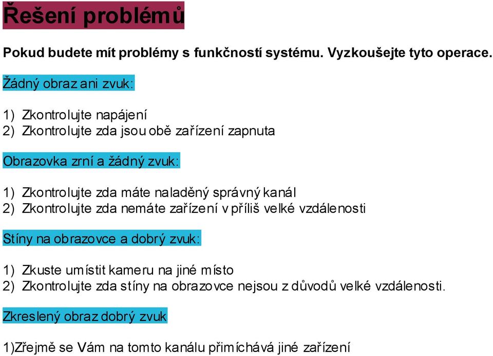 zda máte naladěný správný kanál 2) Zkontrolujte zda nemáte zařízení v příliš velké vzdálenosti Stíny na obrazovce a dobrý zvuk: 1) Zkuste