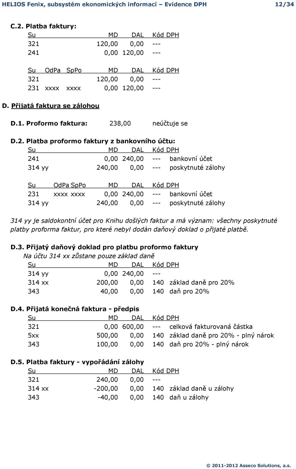 2. Platba prfrm faktury z bankvníh účtu: Su MD DAL Kód DPH 241 0,00 240,00 --- bankvní účet 314 yy 240,00 0,00 --- pskytnuté zálhy Su OdPa SpP MD DAL Kód DPH 231 xxxx xxxx 0,00 240,00 --- bankvní