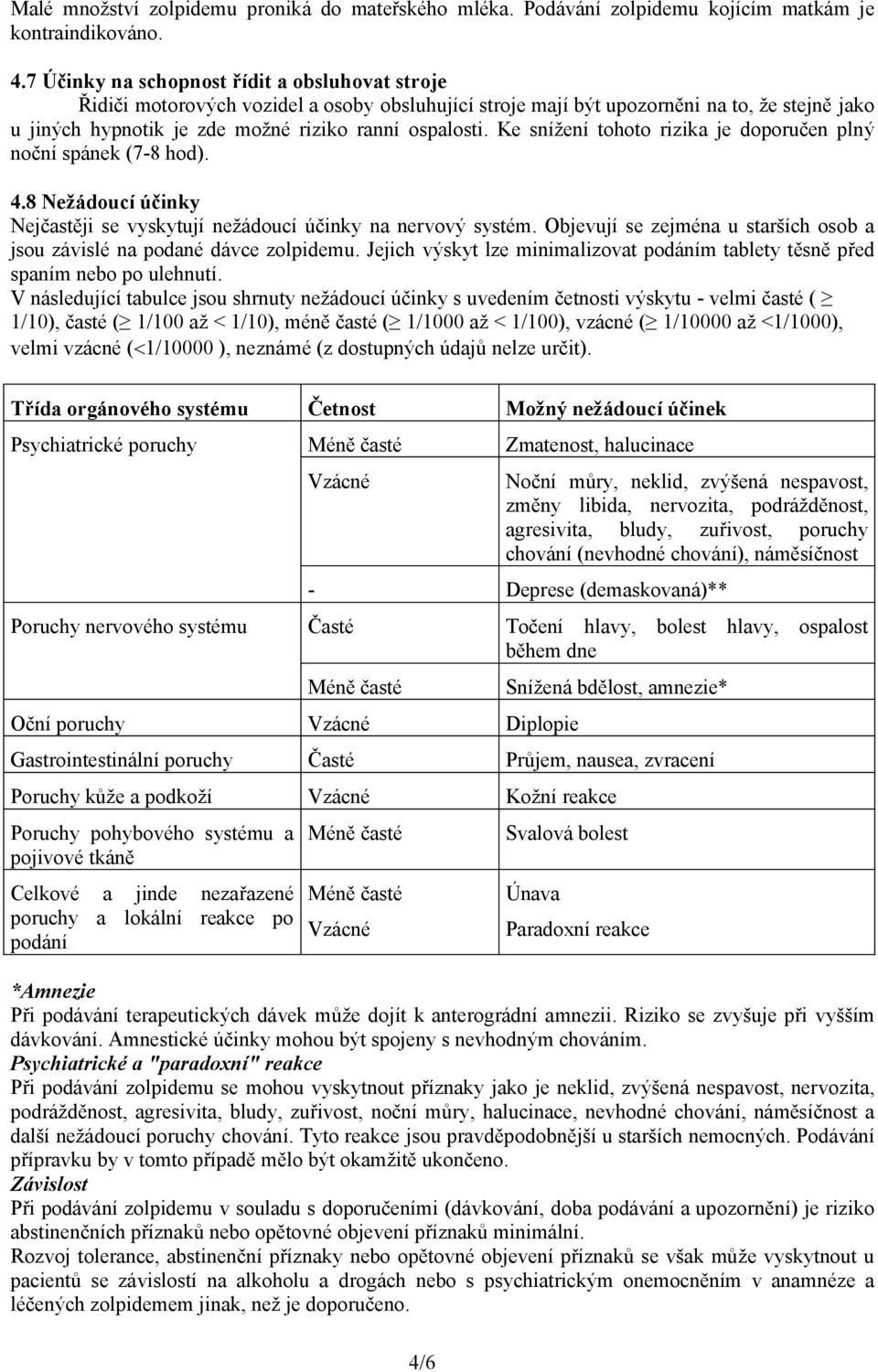 Ke snížení tohoto rizika je doporučen plný noční spánek (7-8 hod). 4.8 Nežádoucí účinky Nejčastěji se vyskytují nežádoucí účinky na nervový systém.