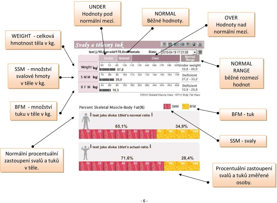 NORMAL RANGE běžné rozmezí hodnot BFM - množství tuku v těle v kg.