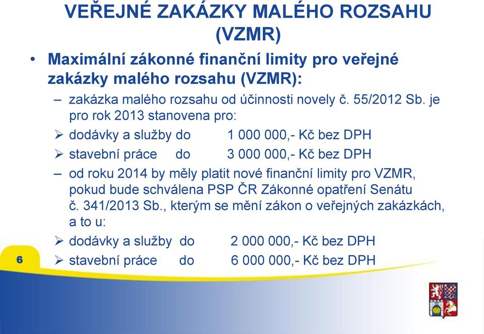 je pro rok 2013 stanovena pro: dodávky a služby do 1 000 000,- Kč bez DPH stavební práce do 3 000 000,- Kč bez DPH od roku 2014 by měly