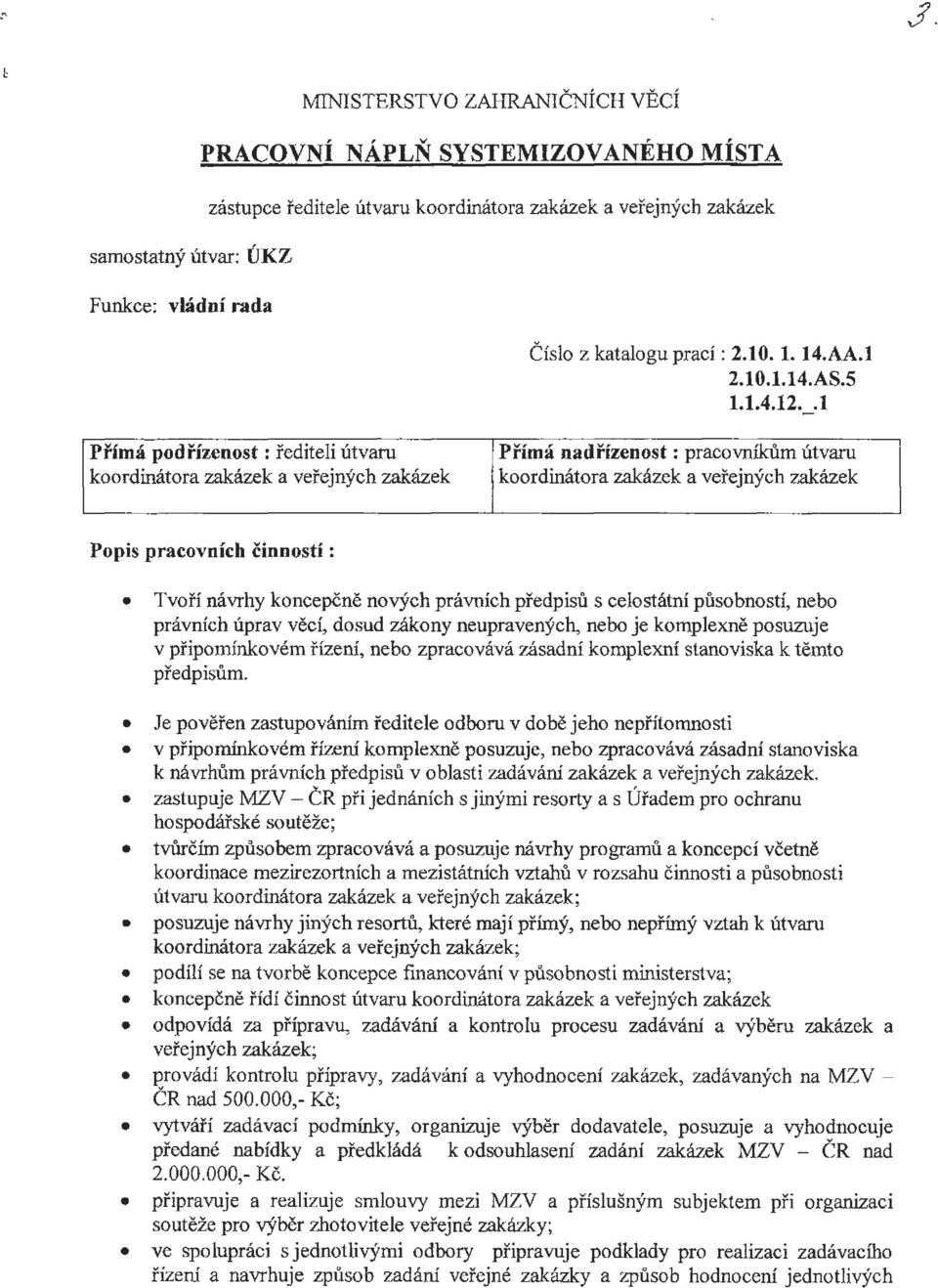 . 1 Přímá podřízenost :řediteli útvaru koordinátora zakázek a veřejných zakázek Přímá nadřízenost : pracovníkům útvaru koordinátora zakázek a veřejných zakázek Popis pracovních činností : Tvoří