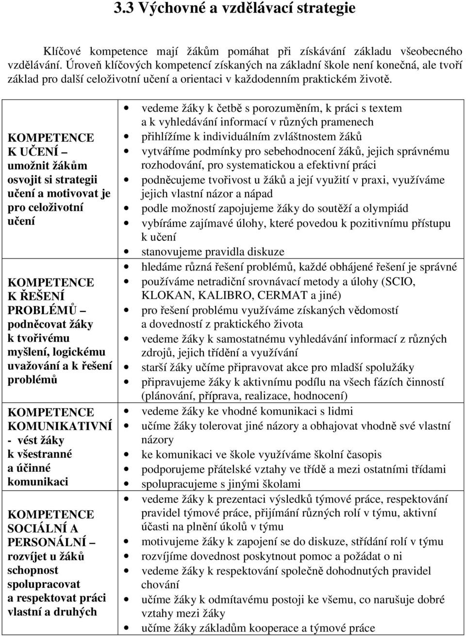 K UČENÍ umožnit žákům osvojit si strategii učení a motivovat je pro celoživotní učení K ŘEŠENÍ PROBLÉMŮ podněcovat žáky k tvořivému myšlení, logickému uvažování a k řešení problémů KOMUNIKATIVNÍ -