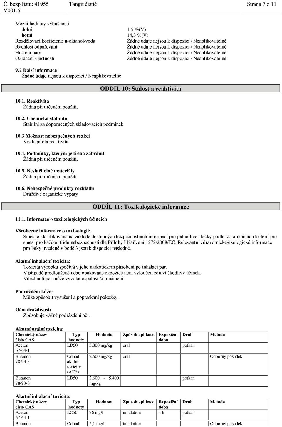 10.5. Neslučitelné materiály Žádná při určeném použití. 10.6. Nebezpečné produkty rozkladu Dráždivé organické výpary 11.1. Informace o toxikologických účincích ODDÍL 10: Stálost a reaktivita ODDÍL