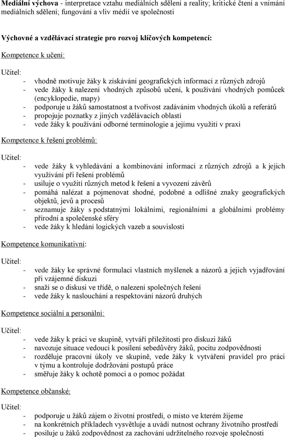 (encyklopedie, mapy) - podporuje u žáků samostatnost a tvořivost zadáváním vhodných úkolů a referátů - propojuje poznatky z jiných vzdělávacích oblastí - vede žáky k používání odborné terminologie a