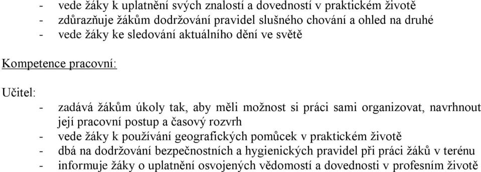 organizovat, navrhnout její pracovní postup a časový rozvrh - vede žáky k používání geografických pomůcek v praktickém životě - dbá na