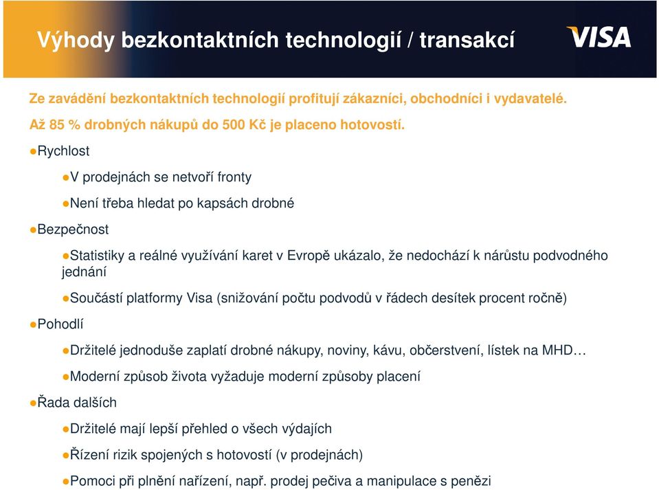 jednání Součástí platformy Visa (snižování počtu podvodů v řádech desítek procent ročně) Držitelé jednoduše zaplatí drobné nákupy, noviny, kávu, občerstvení, lístek na MHD Moderní způsob života