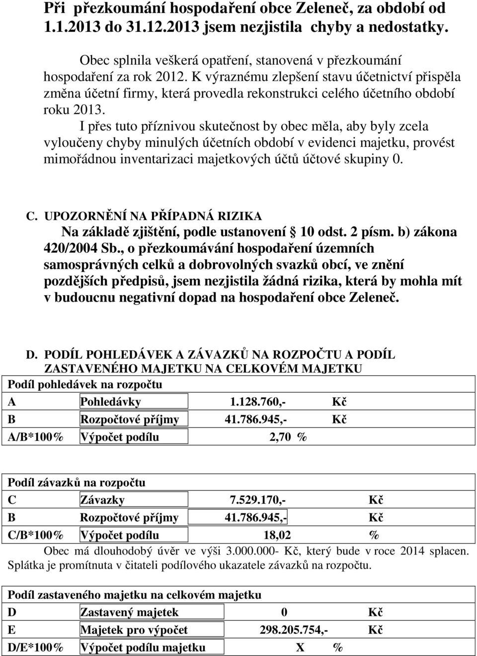 I přes tuto příznivou skutečnost by obec měla, aby byly zcela vyloučeny chyby minulých účetních období v evidenci majetku, provést mimořádnou inventarizaci majetkových účtů účtové skupiny 0. C.