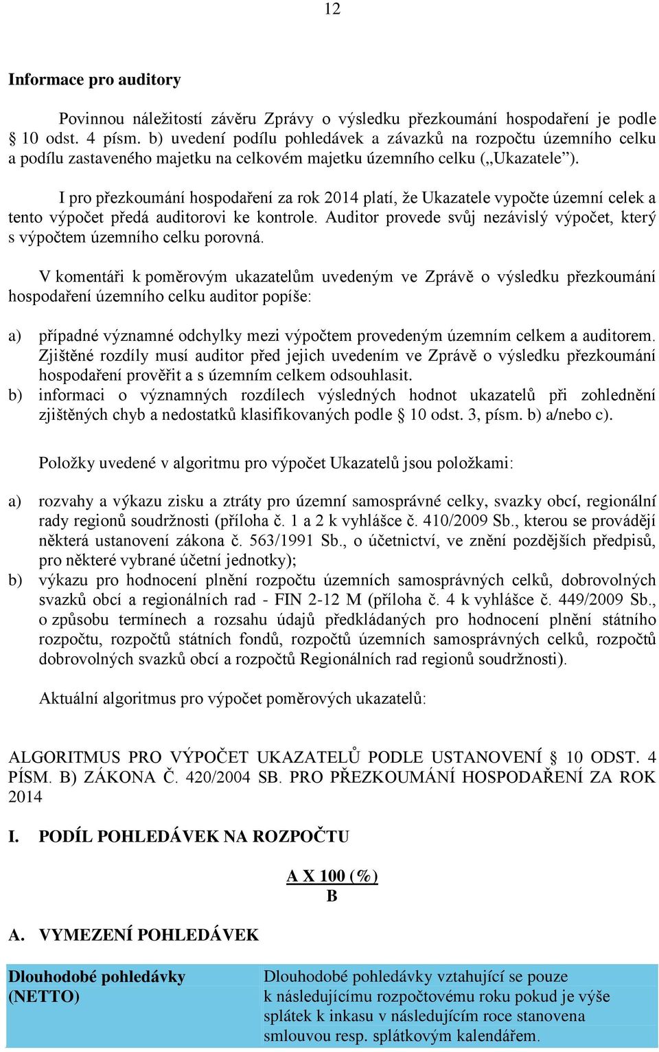 I pro přezkoumání hospodaření za rok 2014 platí, že Ukazatele vypočte územní celek a tento výpočet předá auditorovi ke kontrole.